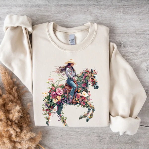 Floral Cowgirl Horse Sweatshirt – Equestrian Elegance