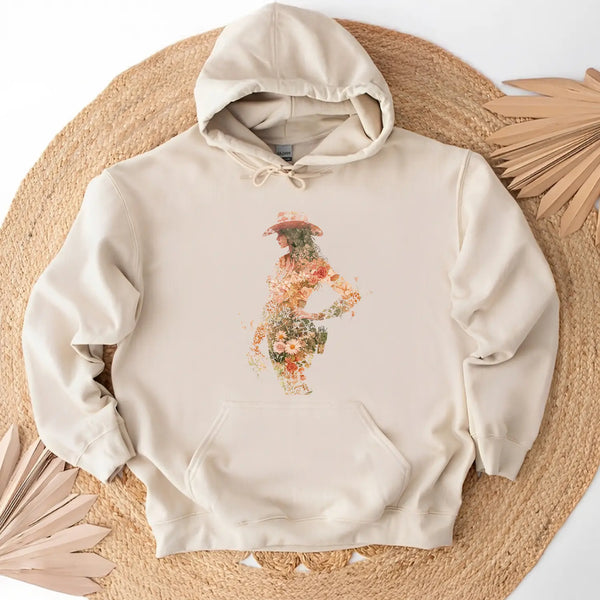 Floral Cowgirl Silhouette Hoodie – Western Elegance in Bloom