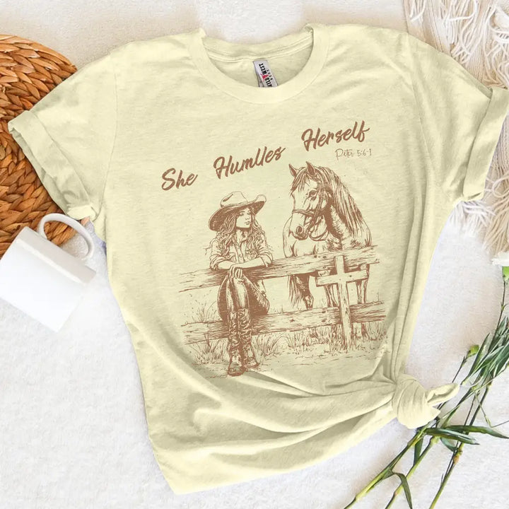 She Humbles Herself Cowgirl With Horse Faith Short Sleeve Tee