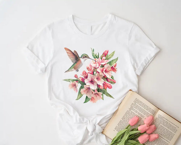 Hummingbird & Floral Harmony – Elegant Nature Tee
