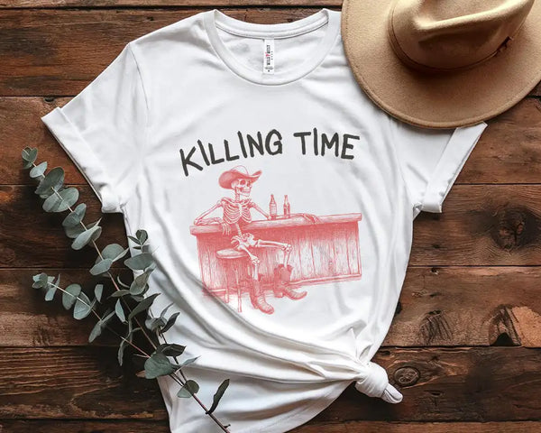 Killing Time Cowboy Skeleton Western Saloon T-Shirt