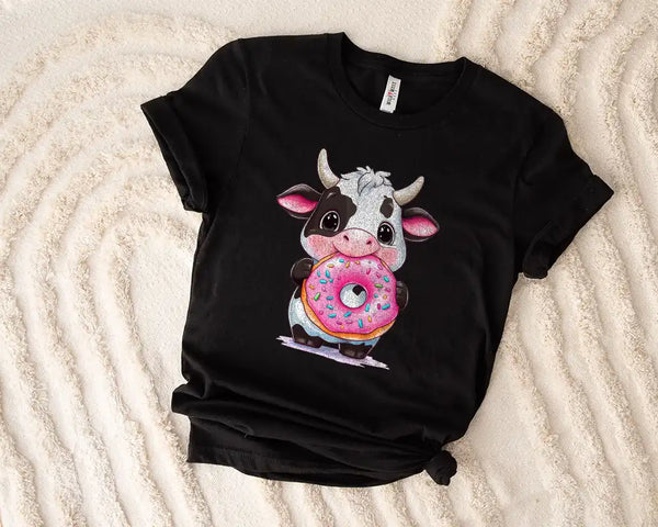 Moo & Donuts – Adorable Cow Holding a Sprinkle Donut Tee Shirt