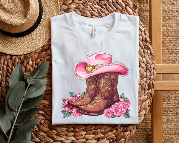 Pink Cowgirl Boots & Roses Tee - She is Worthy - ON SALE