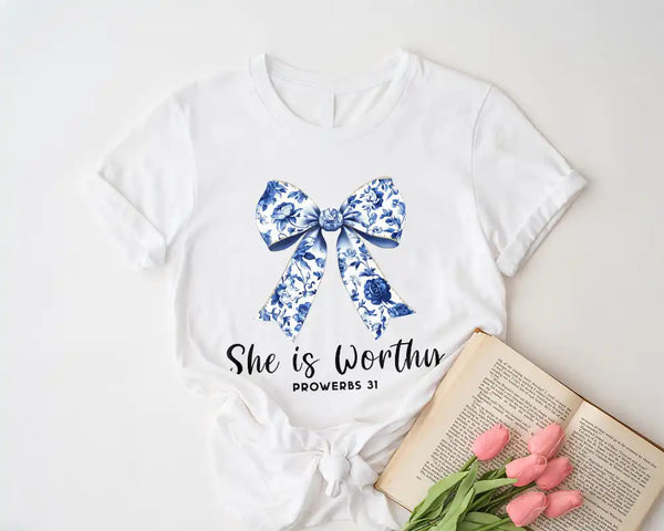 She is Worthy Proverbs 31 Bow Tee – ON SALE