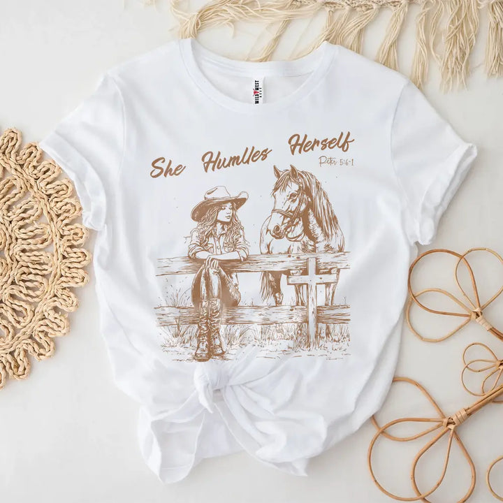 She Humbles Herself Cowgirl With Horse Faith Short Sleeve Tee